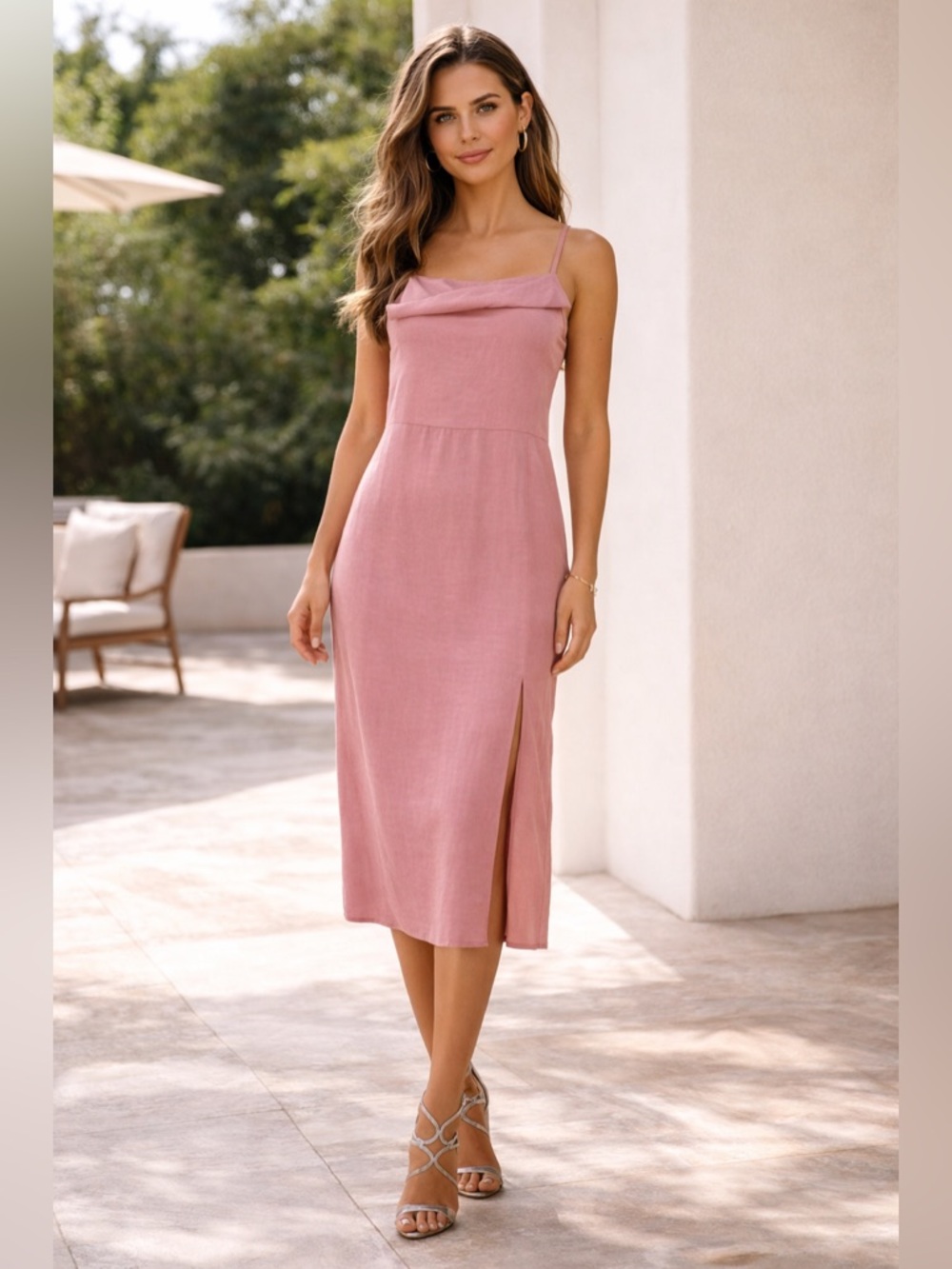 Vince Front Twist Cami Slip Midi Dress in Ombré Dusty Pink